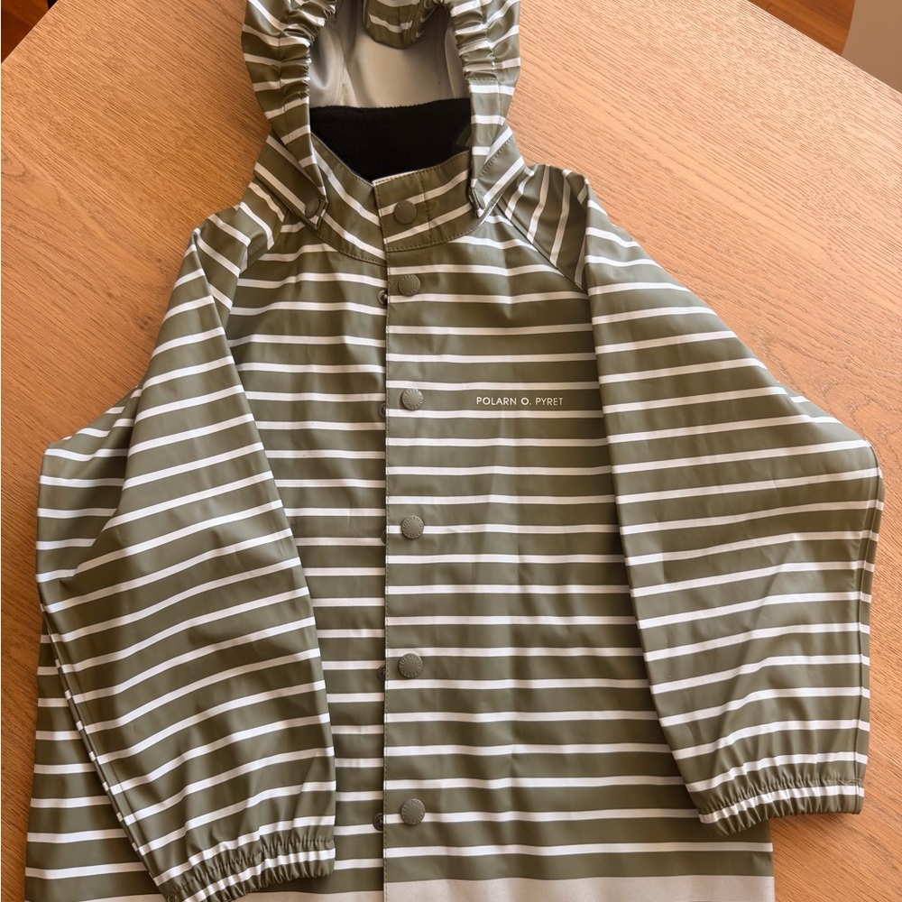 Polarn O. Pyret Olive Green and White Striped Rain Set - Picture 2 of 6